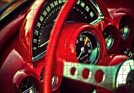 Cakapuzzle  Kırmızı Amerikan Arabası Kadranlar ve Direksiyon Puzzle Yapboz MDF Ahşap