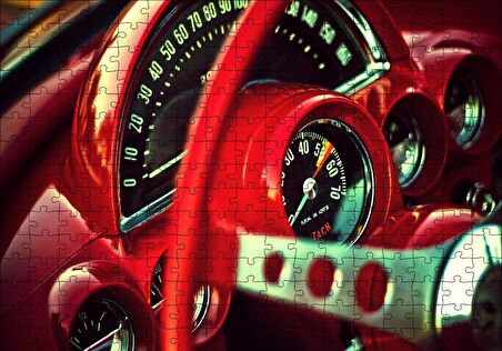 Cakapuzzle  Kırmızı Amerikan Arabası Kadranlar ve Direksiyon Puzzle Yapboz MDF Ahşap