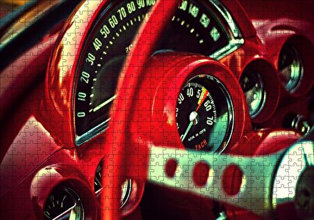 Cakapuzzle  Kırmızı Amerikan Arabası Kadranlar ve Direksiyon Puzzle Yapboz MDF Ahşap