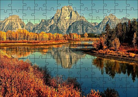 Cakapuzzle  Sonbahar Renkleri, Nehir ve Çıplak Dağlar Puzzle Yapboz MDF Ahşap