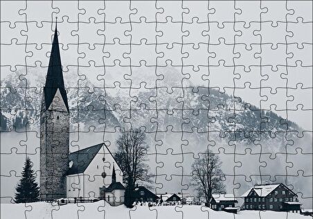 Cakapuzzle  Karlar İçinde Kilise Evler ve Yüksek Dağ Puzzle Yapboz MDF Ahşap