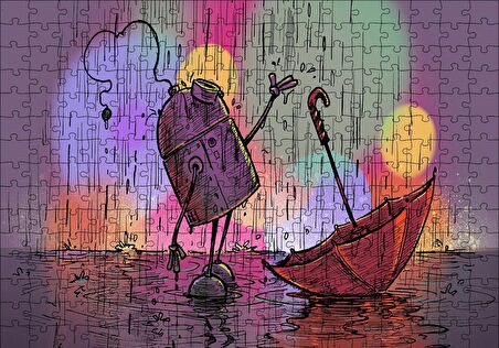 Cakapuzzle  Robot Yağmur ve Şemsiye Puzzle Yapboz MDF Ahşap