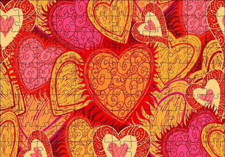 Cakapuzzle  Sarı Kırmızı Kalpler Çizim Puzzle Yapboz MDF Ahşap