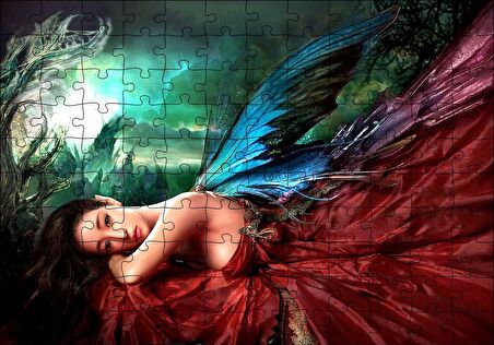 Cakapuzzle  Saten Elbiseli Fantastik Kadın ve Kanatları Puzzle Yapboz MDF Ahşap