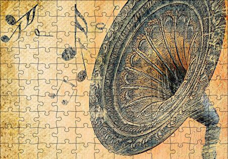 Cakapuzzle  Gramofon ve Notalar Sarı Eskitme Arka Plan Puzzle Yapboz MDF Ahşap