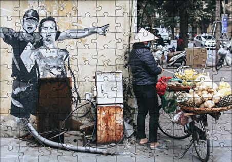 Cakapuzzle  Duvar Boyama Adamlar ve Bisikletli Satıcı Puzzle Yapboz MDF Ahşap