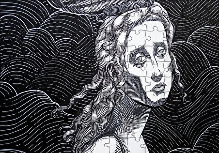 Cakapuzzle  Siyah Beyaz Gravür Hüzünlü Bakışlı Kadın Puzzle Yapboz MDF Ahşap