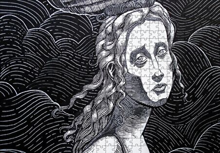 Cakapuzzle  Siyah Beyaz Gravür Hüzünlü Bakışlı Kadın Puzzle Yapboz MDF Ahşap