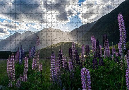 Cakapuzzle  Sümbüller Çayırlar Dağlar ve Bulutlar Puzzle Yapboz MDF Ahşap