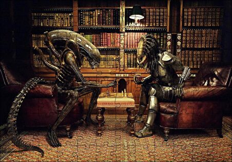 Cakapuzzle  Satranç Oynayan Alien ve Avcı Puzzle Yapboz MDF Ahşap