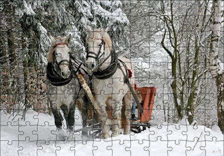 Cakapuzzle  Karda Kızak Çeken Bir Çift At Puzzle Yapboz MDF Ahşap