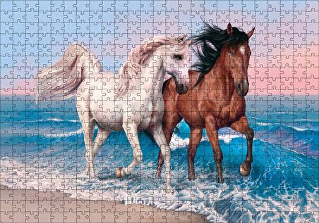Cakapuzzle  Pilajda Koşan Beyaz Kahve Rengi Atlar Puzzle Yapboz MDF Ahşap