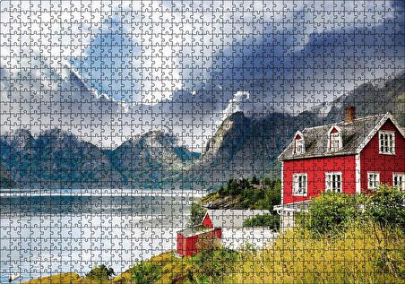 Cakapuzzle  Norveç Dağ Göl Evi Puzzle Yapboz MDF Ahşap