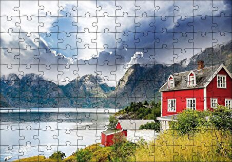 Cakapuzzle  Norveç Dağ Göl Evi Puzzle Yapboz MDF Ahşap