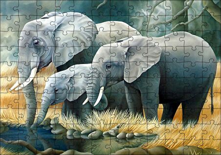 Cakapuzzle  Fil Ailesi Su Kenarında Dijital Çizim Puzzle Yapboz MDF Ahşap