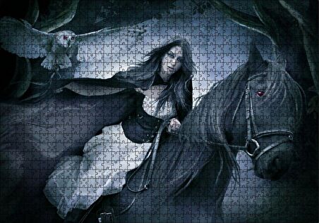 Cakapuzzle  Siyah Atlı Gotik Kız ve Baykuş Puzzle Yapboz MDF Ahşap