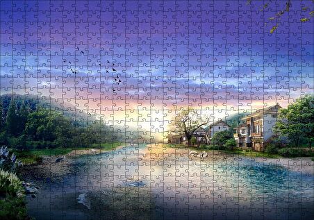 Cakapuzzle  Manzara Resmi Nehir Ev Orman Puzzle Yapboz MDF Ahşap