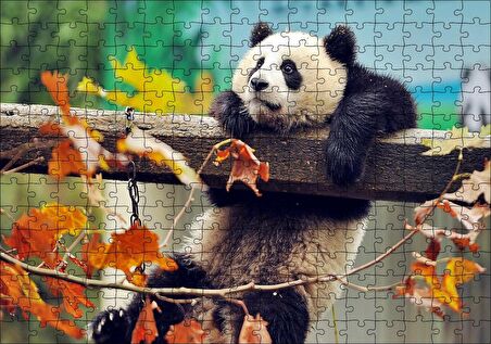 Cakapuzzle  Bir Çitte Sarkan Panda Görseli Puzzle Yapboz MDF Ahşap