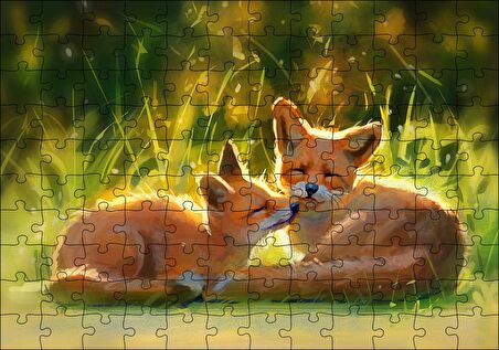 Cakapuzzle  Güneşlenen İki Kızıl Tilki Görseli Puzzle Yapboz MDF Ahşap
