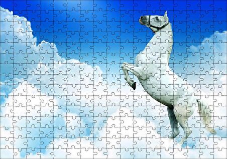 Cakapuzzle  Beyaz Bulutlar ve Şahlanan Beyaz At Puzzle Yapboz MDF Ahşap