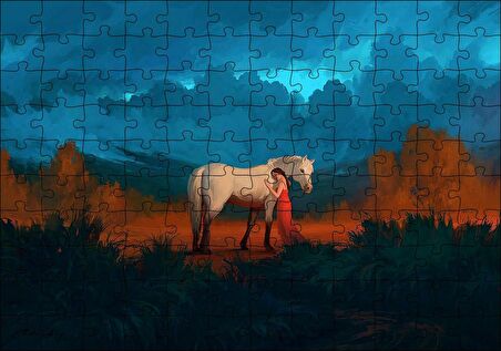 Cakapuzzle  Genç Kız Beyaz At ve Bulutlu Gökler Puzzle Yapboz MDF Ahşap