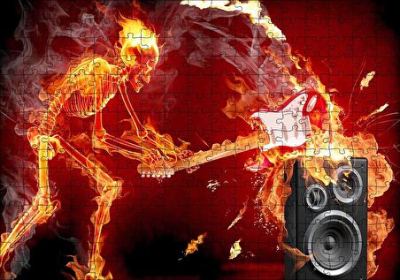 Cakapuzzle  İskelet Gitarist Alevler İçinde Puzzle Yapboz MDF Ahşap