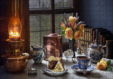 Cakapuzzle  Kek Ve Çay Ambiyans Pencerede Yağmur Görseli Puzzle Yapboz MDF Ahşap