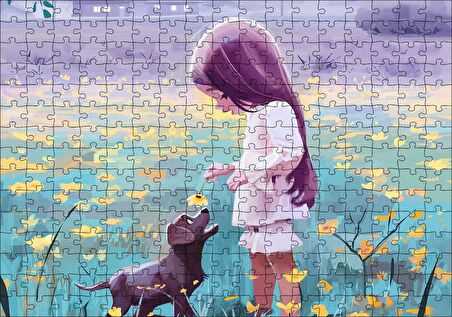 Cakapuzzle  Küçük Kız Sarı Çiçekler ve Yavru Köpek Puzzle Yapboz MDF Ahşap