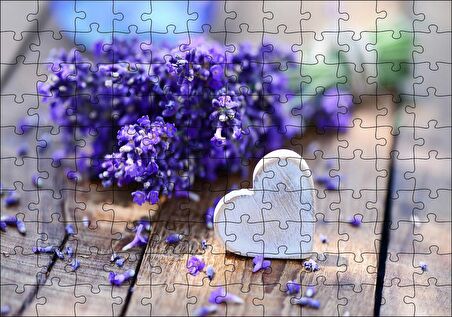 Cakapuzzle  Masada Buket Lavanta ve Tahta Kalp Puzzle Yapboz MDF Ahşap