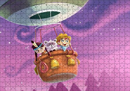 Cakapuzzle  Sıcak Hava Balonunda Çocuklar ve Rakun Puzzle Yapboz MDF Ahşap