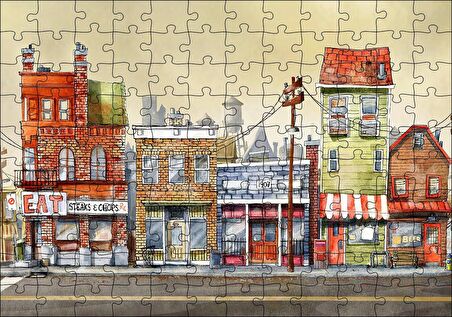 Cakapuzzle  Sokakta Binalar ve Dükkanlar Karikatürize Puzzle Yapboz MDF Ahşap