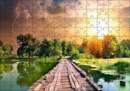 Cakapuzzle  Tahta Köprü Göl Ağaçlar Bulutlu Güneş Görseli Puzzle Yapboz MDF Ahşap