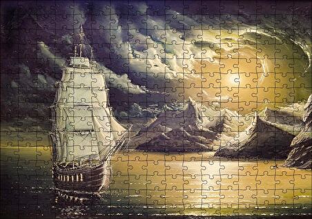 Cakapuzzle  Yelkenli Bulutlar Kayalıklar ve Ay Işığı Puzzle Yapboz MDF Ahşap