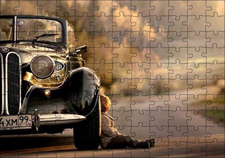Cakapuzzle  Yolda Antika Araba Ve Çocuk Görseli Puzzle Yapboz MDF Ahşap