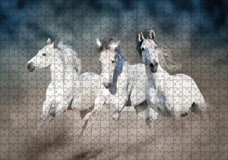 Cakapuzzle  Doğada Koşan Üçlü Beyaz Atlar Görseli Puzzle Yapboz MDF Ahşap