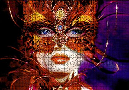 Cakapuzzle  Kırmızı Tüylü Maskeli Kadın Görseli Puzzle Yapboz MDF Ahşap