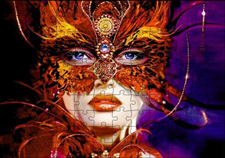 Cakapuzzle  Kırmızı Tüylü Maskeli Kadın Görseli Puzzle Yapboz MDF Ahşap