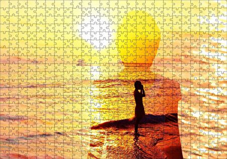 Cakapuzzle  Altın Rengi Güneş Okyanus ve Sahildeki Kız Puzzle Yapboz MDF Ahşap