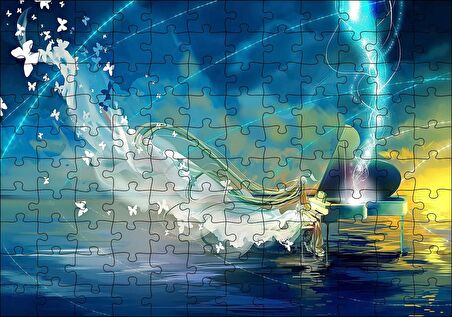 Cakapuzzle  Piyanist Kız ve Kelebeklerden Elbisesi Puzzle Yapboz MDF Ahşap