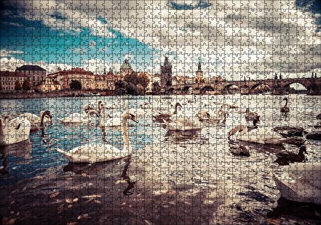 Cakapuzzle  Prag Charles Köprüsü ve Kuğular Puzzle Yapboz MDF Ahşap