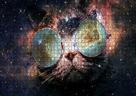 Cakapuzzle Güneş Gözlüklü Kedi ve Galaksiler Puzzle Yapboz MDF Ahşap