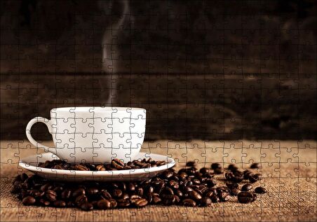 Cakapuzzle Kahve Çekirdekleri ve Dumanı Üstünde Fincan Kahve Puzzle Yapboz MDF Ahşap