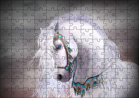 Cakapuzzle Beyaz At Yelesi ve Süslü Koşumları Puzzle Yapboz MDF Ahşap
