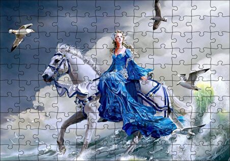 Cakapuzzle Beyaz Atlı Mavi Elbiseli Kız Deniz ve Martılar Puzzle Yapboz MDF Ahşap
