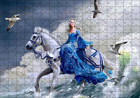 Cakapuzzle Beyaz Atlı Mavi Elbiseli Kız Deniz ve Martılar Puzzle Yapboz MDF Ahşap