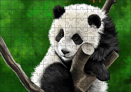 Cakapuzzle Dala Sarılmış Sevimli Panda Dijital Çizim Puzzle Yapboz MDF Ahşap