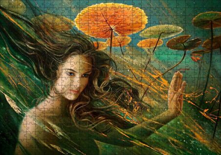 Cakapuzzle Genç Kadın ve Dev Yapraklar Yağlıboya Efekt Puzzle Yapboz MDF Ahşap