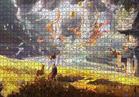 Cakapuzzle Genç Kadın ve Dev Yapraklar Yağlıboya Efekt Puzzle Yapboz MDF Ahşap