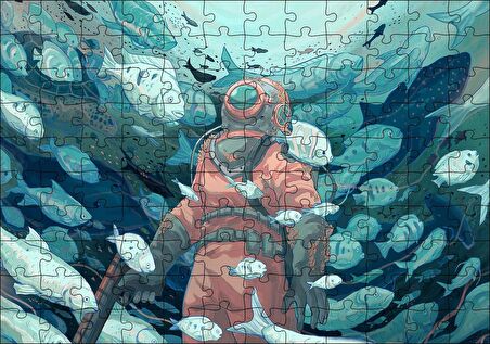 Cakapuzzle Giysisi ve Zıpkınıyla Balıklar Arasındaki Dalgıç Puzzle Yapboz MDF Ahşap