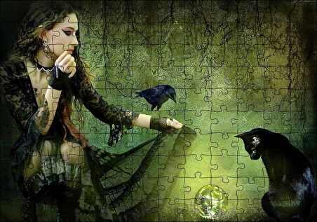 Cakapuzzle Gotik Kız Kara Kedi Karga ve Cam Küre Puzzle Yapboz MDF Ahşap